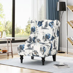 Fauteuil club haut à motif floral beige et bleu avec pieds en bouleau
