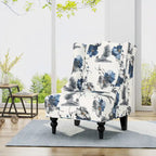 Fauteuil club haut à motif floral beige et bleu avec pieds en bouleau