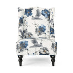 Fauteuil club haut à motif floral beige et bleu avec pieds en bouleau