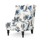 Fauteuil club haut à motif floral beige et bleu avec pieds en bouleau