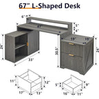 Bureau d'angle moderne en L de 67 pouces, bureau d'ordinateur de maison en bois avec station de charge