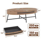 Table basse ovale avec tiroir, table basse moderne du milieu du siècle, table basse en bois de 120 cm avec rangement et pieds en métal croisés, design incurvé
