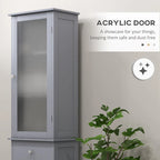 Meuble de rangement de salle de bain fin, tour de rangement étroite et haute avec porte en acrylique, tiroir et étagères, gris