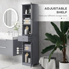Meuble de rangement de salle de bain fin, tour de rangement étroite et haute avec porte en acrylique, tiroir et étagères, gris