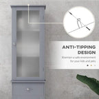 Meuble de rangement de salle de bain fin, tour de rangement étroite et haute avec porte en acrylique, tiroir et étagères, gris