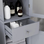 Meuble de rangement de salle de bain fin, tour de rangement étroite et haute avec porte en acrylique, tiroir et étagères, gris