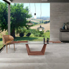 Table de salle à manger extensible à plateau en verre transparent et pieds en bois – 180/270 x 90 x 75 cm