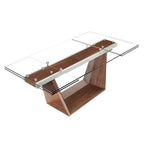 Table de salle à manger extensible à plateau en verre transparent et pieds en bois – 180/270 x 90 x 75 cm