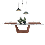 Table de salle à manger extensible à plateau en verre transparent et pieds en bois – 180/270 x 90 x 75 cm