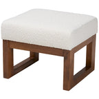Repose-pieds ottoman en bois finition noyer et tissu bouclé blanc cassé, style Mid-Century Modern