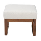 Repose-pieds ottoman en bois finition noyer et tissu bouclé blanc cassé, style Mid-Century Modern