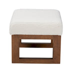 Repose-pieds ottoman en bois finition noyer et tissu bouclé blanc cassé, style Mid-Century Modern