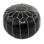 Pouf marocain en cuir floral avec surpiqûres blanches - Noir ou marron clair