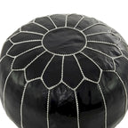 Pouf marocain en cuir floral avec surpiqûres blanches - Noir ou marron clair