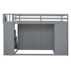 Lit mezzanine en bois gris, taille standard, avec penderies, tiroirs et escalier de rangement