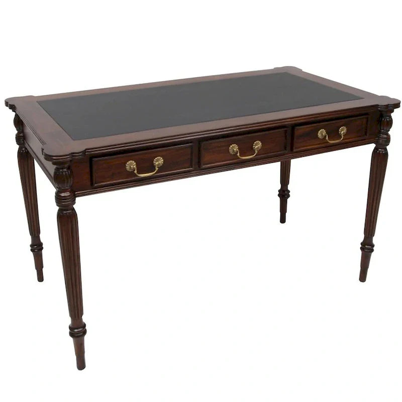 Bureau victorien en acajou massif, brun foncé / brun clair, avec plateau en cuir noir et 3 tiroirs – Unité simple